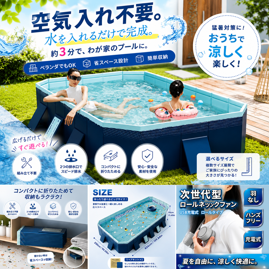 【空気入れ不要】折りたたみ式ファミリープール